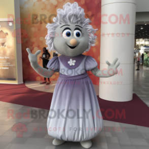 Silver Plum mascot costume character dressed with a Empire Waist Dress and Hair clips