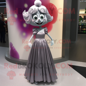 Silver Plum mascot costume character dressed with a Empire Waist Dress and Hair clips