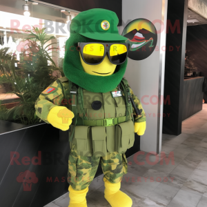 Yellow Green Beret mascot costume character dressed with a Playsuit and Sunglasses