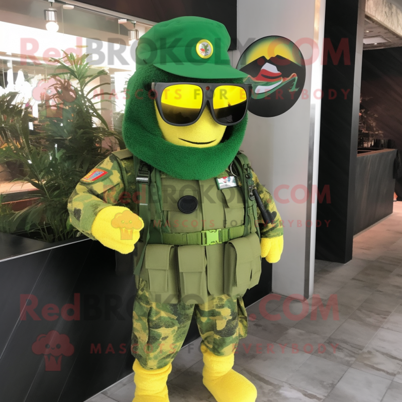 Yellow Green Beret mascot costume character dressed with a Playsuit and Sunglasses