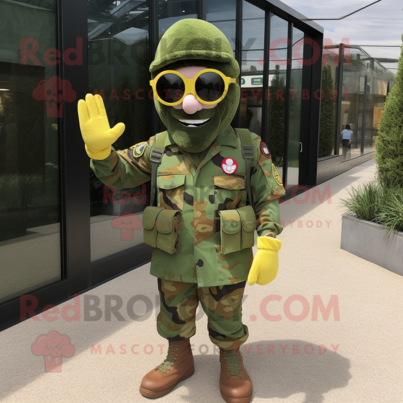 Yellow Green Beret mascot costume character dressed with a Playsuit and Sunglasses