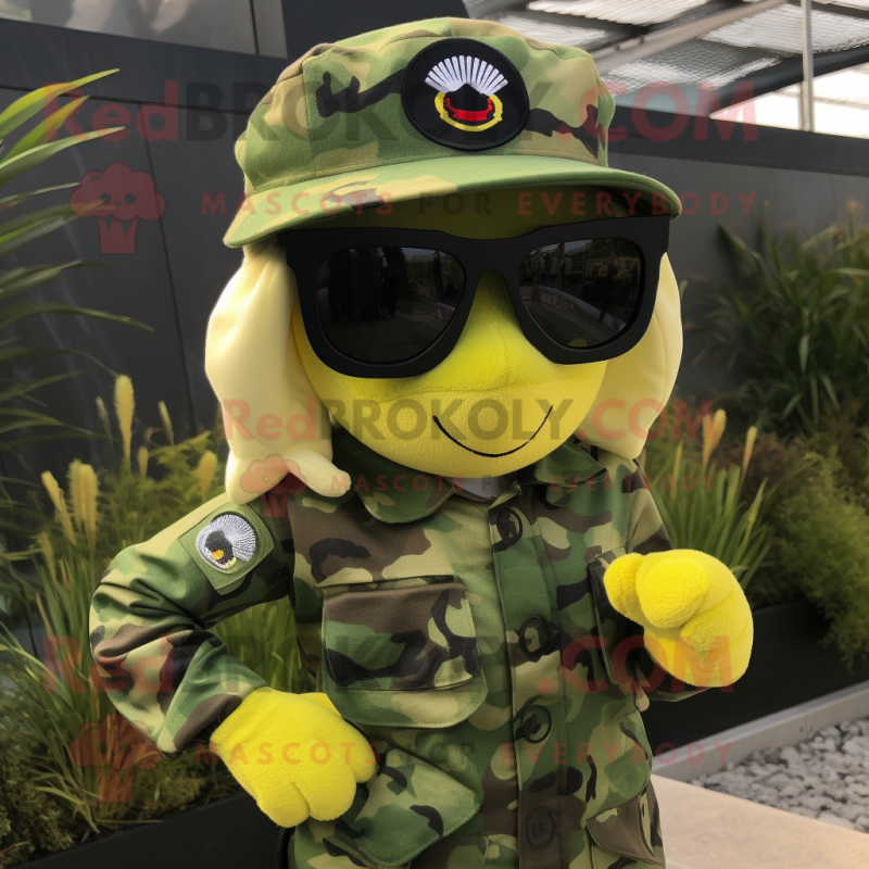 Yellow Green Beret mascot costume character dressed with a Playsuit and Sunglasses Yellow Green Beret mascot costume character dressed with a Playsuit and Sunglasses
