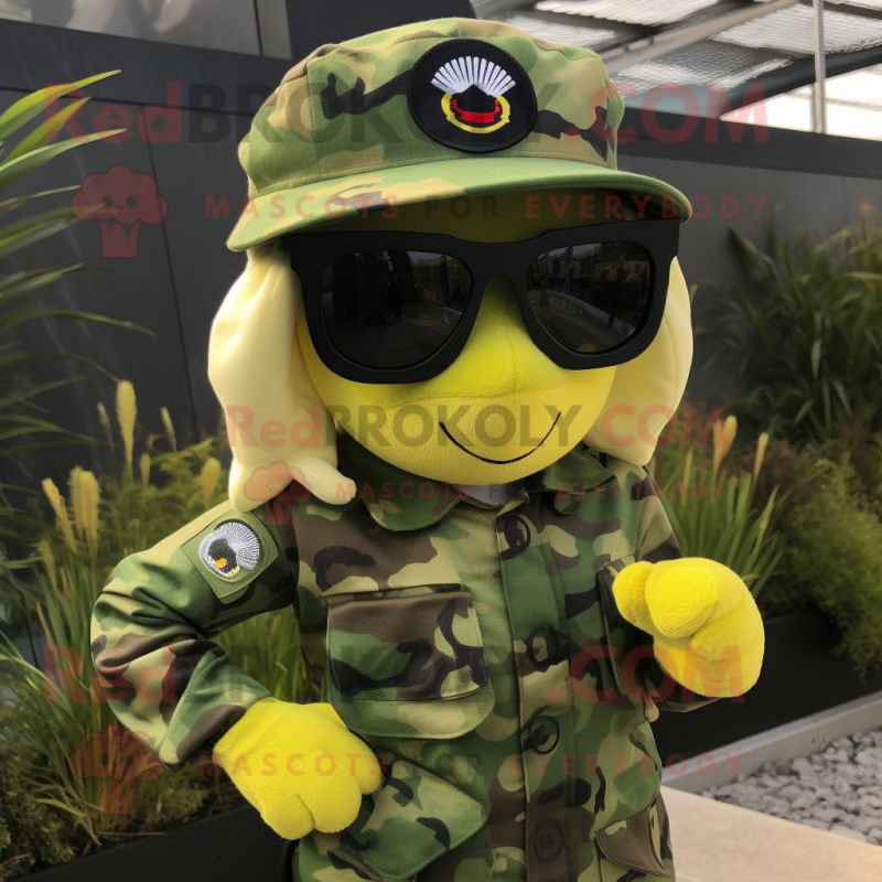 Yellow Green Beret mascot costume character dressed with a Playsuit and Sunglasses