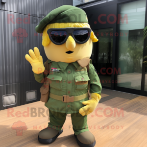 Yellow Green Beret mascot costume character dressed with a Playsuit and Sunglasses