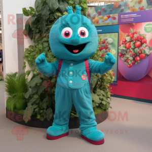 Turquoise Raspberry mascot costume character dressed with a Dungarees and Anklets