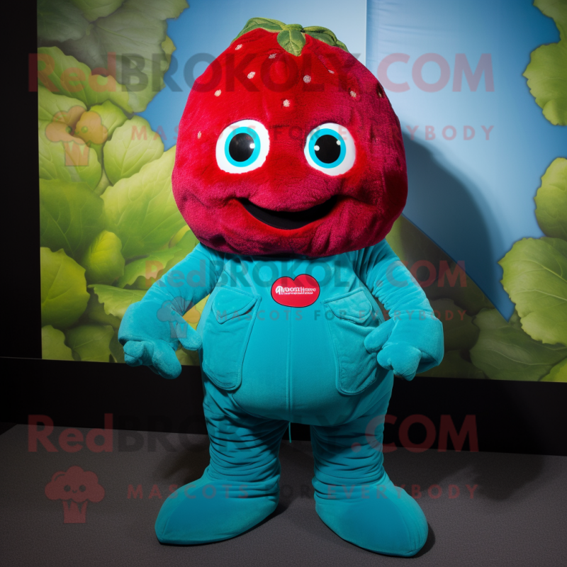 Turquoise Raspberry mascot costume character dressed with a Dungarees and Anklets Turquoise Raspberry mascot costume character dressed with a Dungarees and Anklets