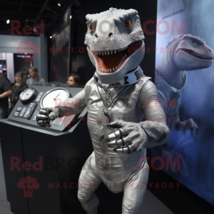 Silver T Rex mascot costume character dressed with a Romper and Bracelet watches
