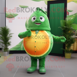 Forest Green Grapefruit mascot costume character dressed with a Dress and Lapel pins