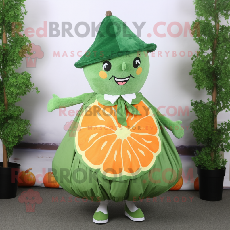 Forest Green Grapefruit mascot costume character dressed with a Dress and Lapel pins