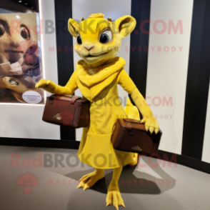 Yellow Chupacabra mascot costume character dressed with a Wrap Skirt and Handbags