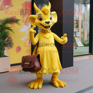 Yellow Chupacabra mascot costume character dressed with a Wrap Skirt and Handbags