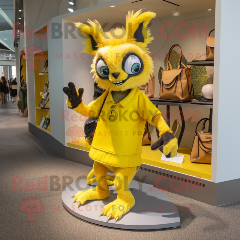 Yellow Chupacabra mascot costume character dressed with a Wrap Skirt and Handbags