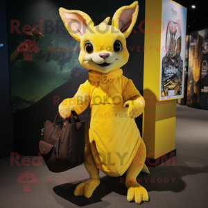 Yellow Chupacabra mascot costume character dressed with a Wrap Skirt and Handbags
