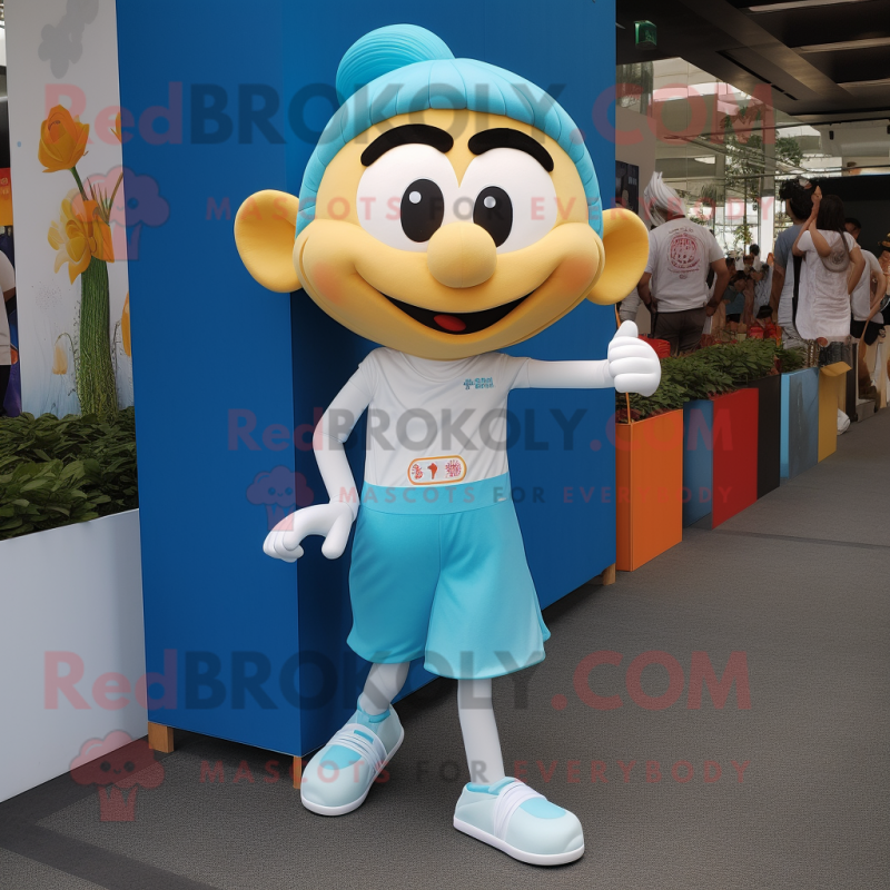 Sky Blue Pad Thai mascot costume character dressed with a Running Shorts and Earrings
