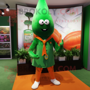 Green Carrot mascot costume character dressed with a Polo Tee and Shawl pins