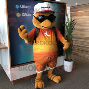 Rust Mandarin mascot costume character dressed with a Board Shorts and Beanies