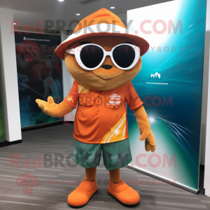 Rust Mandarin mascot costume character dressed with a Board Shorts and Beanies