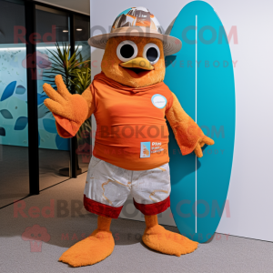 Rust Mandarin mascot costume character dressed with a Board Shorts and Beanies