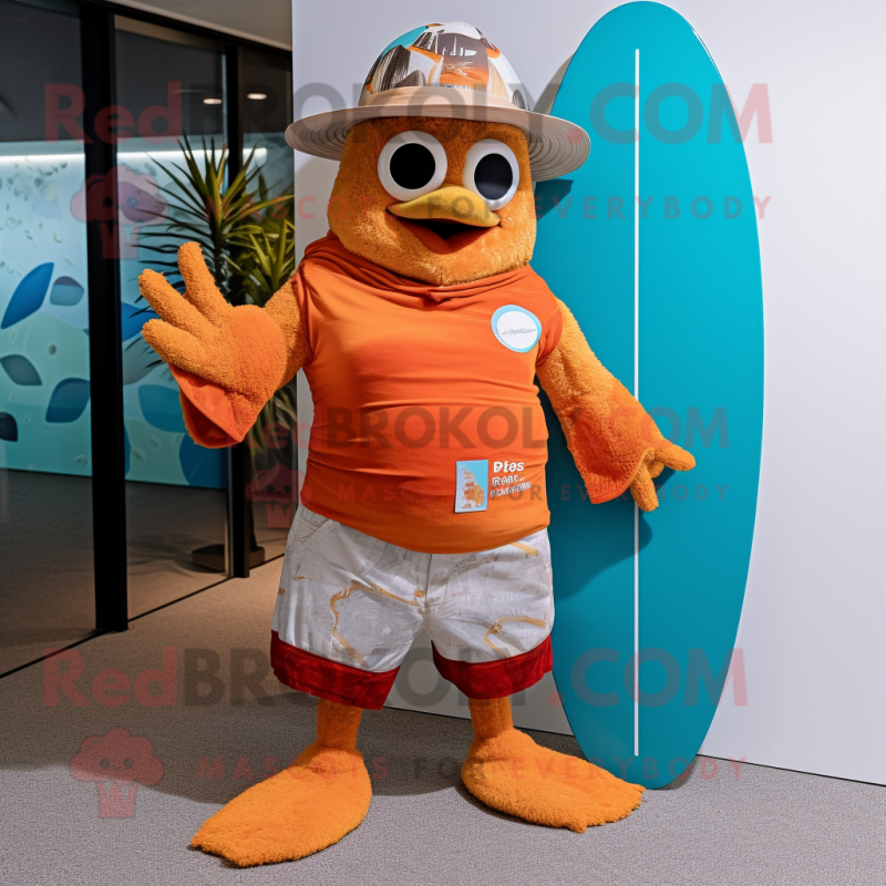 Rust Mandarin mascot costume character dressed with a Board Shorts and Beanies Rust Mandarin mascot costume character dressed with a Board Shorts and Beanies