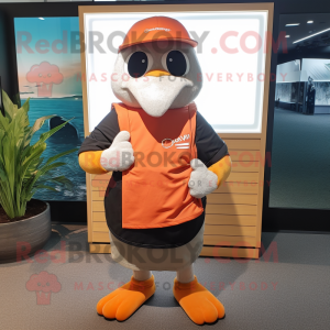 Rust Mandarin mascot costume character dressed with a Board Shorts and Beanies