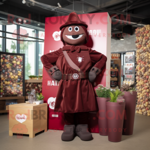 Maroon Chocolate Bar mascot costume character dressed with a Romper and Berets