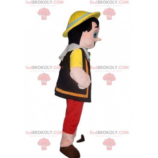 Mascotte de Pinocchio joyeux avec un chapeau jaune -