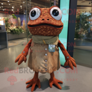 Rust Frog mascot costume character dressed with a Shift Dress and Wraps