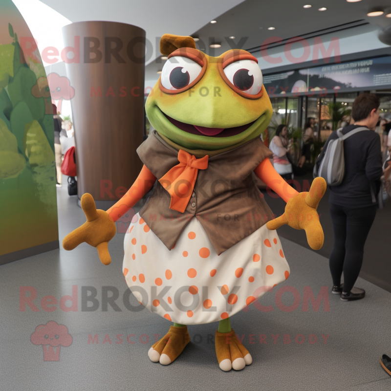 Rust Frog mascot costume character dressed with a Shift Dress and Wraps