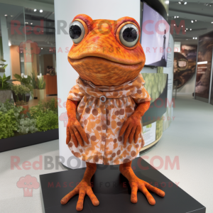 Rust Frog mascot costume character dressed with a Shift Dress and Wraps