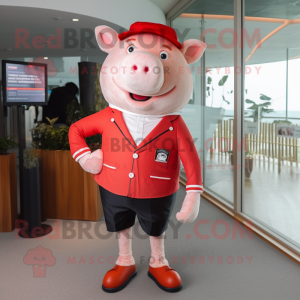 Red Pig mascot costume character dressed with a Bermuda Shorts and Lapel pins