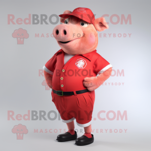 Red Pig mascot costume character dressed with a Bermuda Shorts and Lapel pins