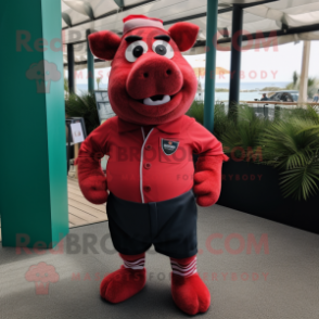 Red Pig mascot costume character dressed with a Bermuda Shorts and Lapel pins