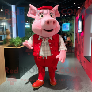Red Pig mascot costume character dressed with a Bermuda Shorts and Lapel pins