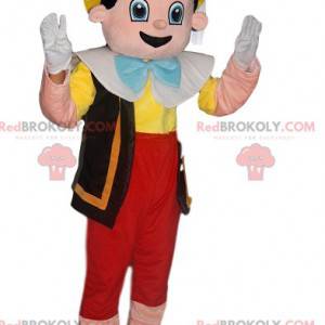 Mascotte de Pinocchio joyeux avec un chapeau jaune -