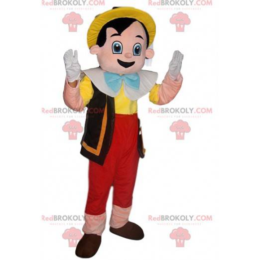 Mascotte de Pinocchio joyeux avec un chapeau jaune -