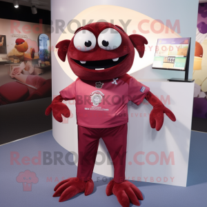 Maroon Crab mascot costume character dressed with a V-Neck Tee and Lapel pins