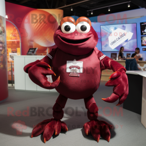 Maroon Crab mascot costume character dressed with a V-Neck Tee and Lapel pins