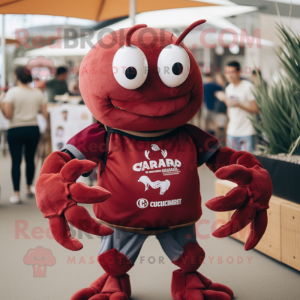 Maroon Crab mascot costume character dressed with a V-Neck Tee and Lapel pins
