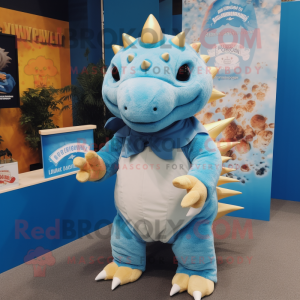 Sky Blue Ankylosaurus mascot costume character dressed with a Graphic Tee and Cummerbunds