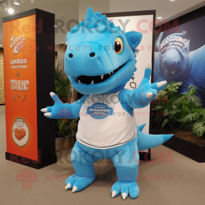 Sky Blue Ankylosaurus mascot costume character dressed with a Graphic Tee and Cummerbunds