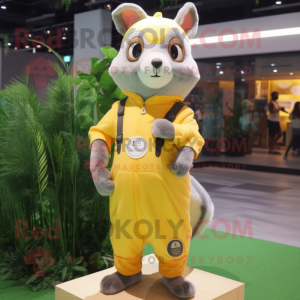 Lemon Yellow Flying Squirrel mascot costume character dressed with a Overalls and Digital watches