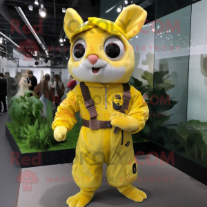 Lemon Yellow Flying Squirrel mascot costume character dressed with a Overalls and Digital watches