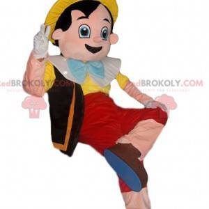 Mascotte de Pinocchio joyeux avec un chapeau jaune -