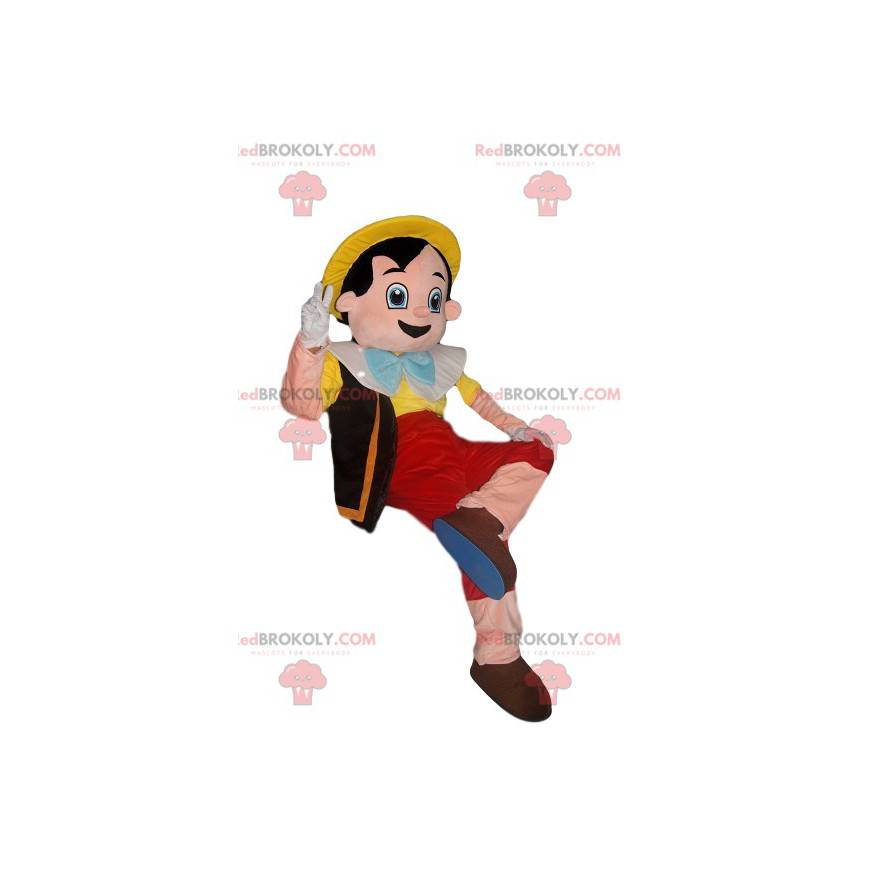 Mascote alegre do Pinóquio com chapéu amarelo - Redbrokoly.com