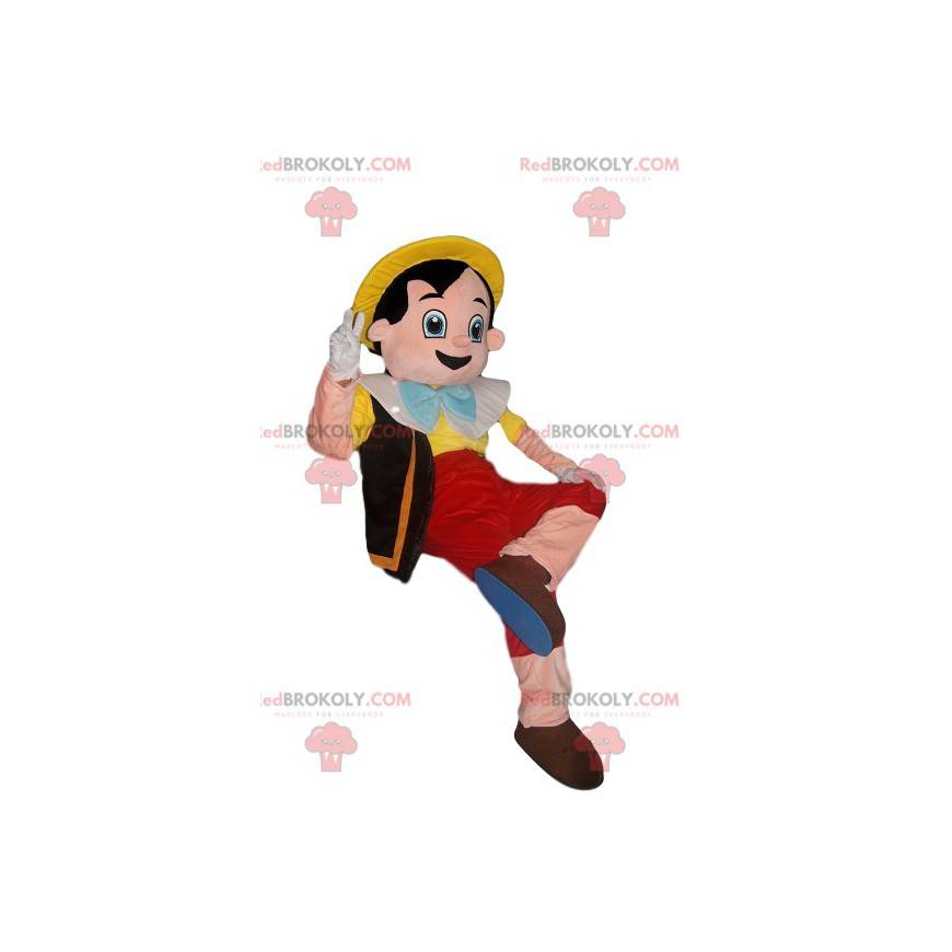 Mascotte de Pinocchio joyeux avec un chapeau jaune -