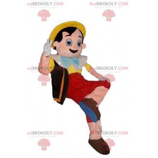 Mascotte de Pinocchio joyeux avec un chapeau jaune -