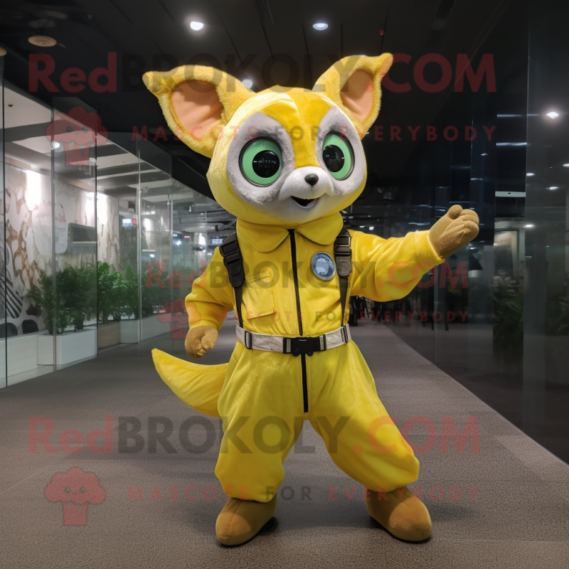 Lemon Yellow Flying Squirrel mascot costume character dressed with a Overalls and Digital watches