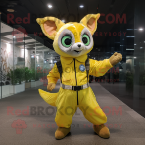 Lemon Yellow Flying Squirrel mascot costume character dressed with a Overalls and Digital watches