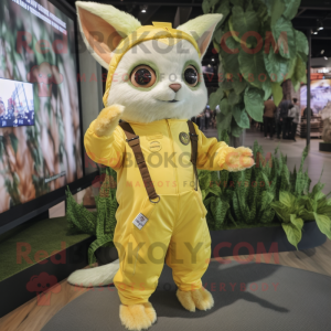 Lemon Yellow Flying Squirrel mascot costume character dressed with a Overalls and Digital watches