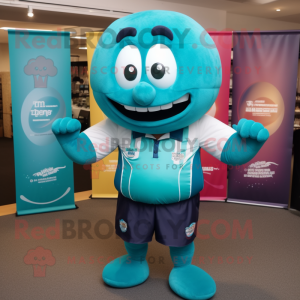 Teal Rugby Ball mascot costume character dressed with a Capri Pants and Pocket squares